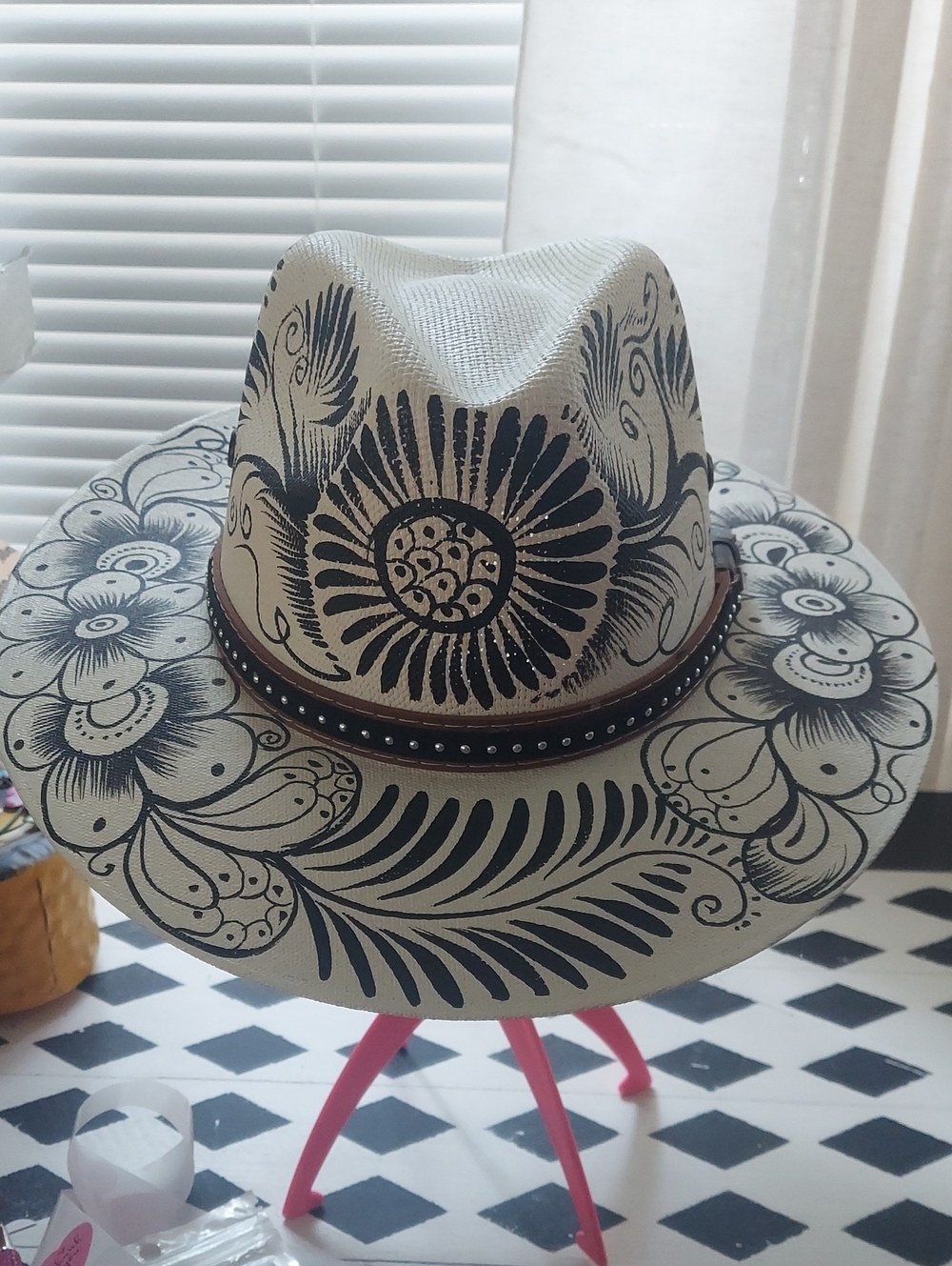 Hand-Painted Floral Straw Fedora Hat in Natural